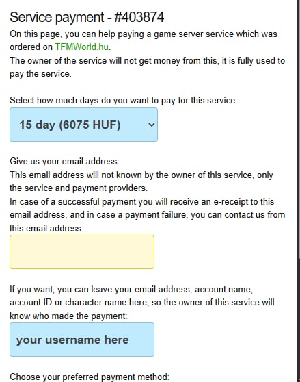 Example showing where to enter username during payment